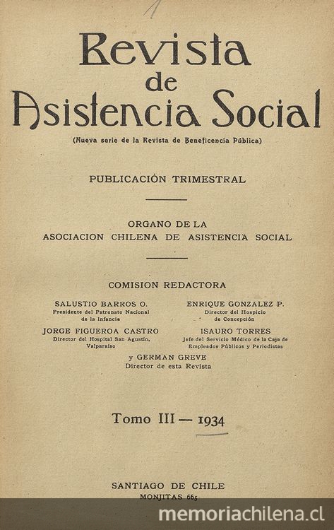 "Contribuciones al estudio de la Organización de Escuelas de Enfermeras de Chile", Revista de Asistencia Social, III, (1):1-46, marzo 1934.