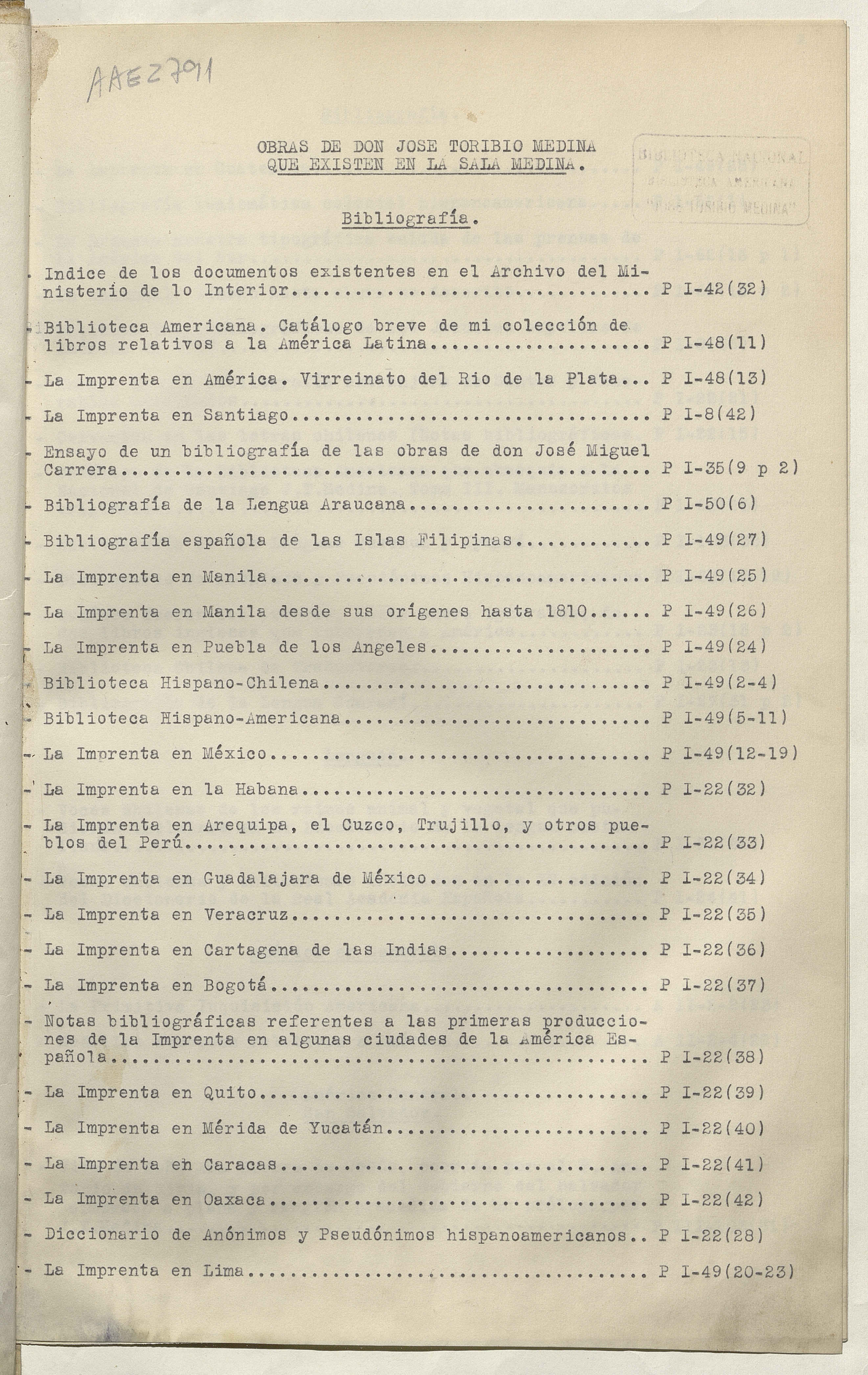 Catálogo de las obras de Don José Toribio Medina que existen en la Biblioteca Nacional de Chile.