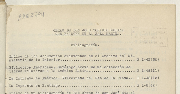 Catálogo de las obras de Don José Toribio Medina que existen en la Biblioteca Nacional de Chile.