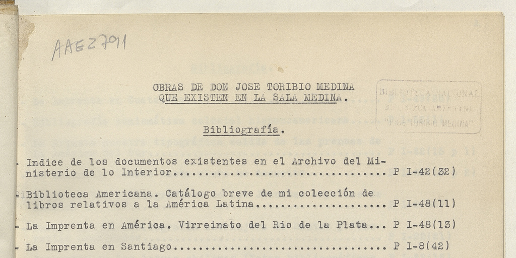 Catálogo de las obras de Don José Toribio Medina que existen en la Biblioteca Nacional de Chile.