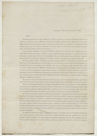 Santiago de Chile, 26 de marzo de 1889. Señor: Habiendo adquirido la valiosa Biblioteca Chileno-Americana, del Señor Don Ramón Briseño de Calderón, ex-Director de la Biblioteca Nacional de Chile.