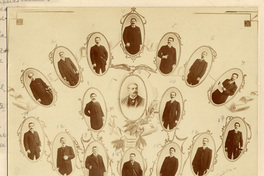 Retratos de varios hombres, en marcos ovalados, correspondientes al personal de la "Biblioteca Nacional", destacando Luis Montt, director en 1906 y Ramón Laval Alvear