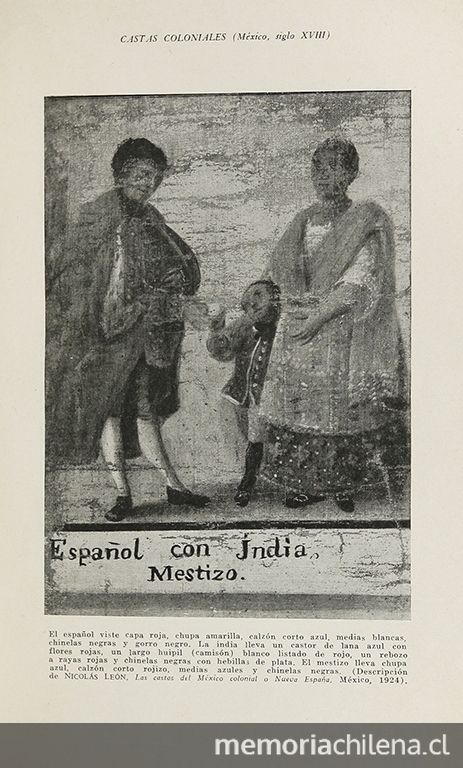 Pintura de Castas. Español con india y mestizo, siglo XVIIIRosenblat, Ángel. La población indígena y el mestizaje en América. Buenos Aires: Editorial Nova, 1954.