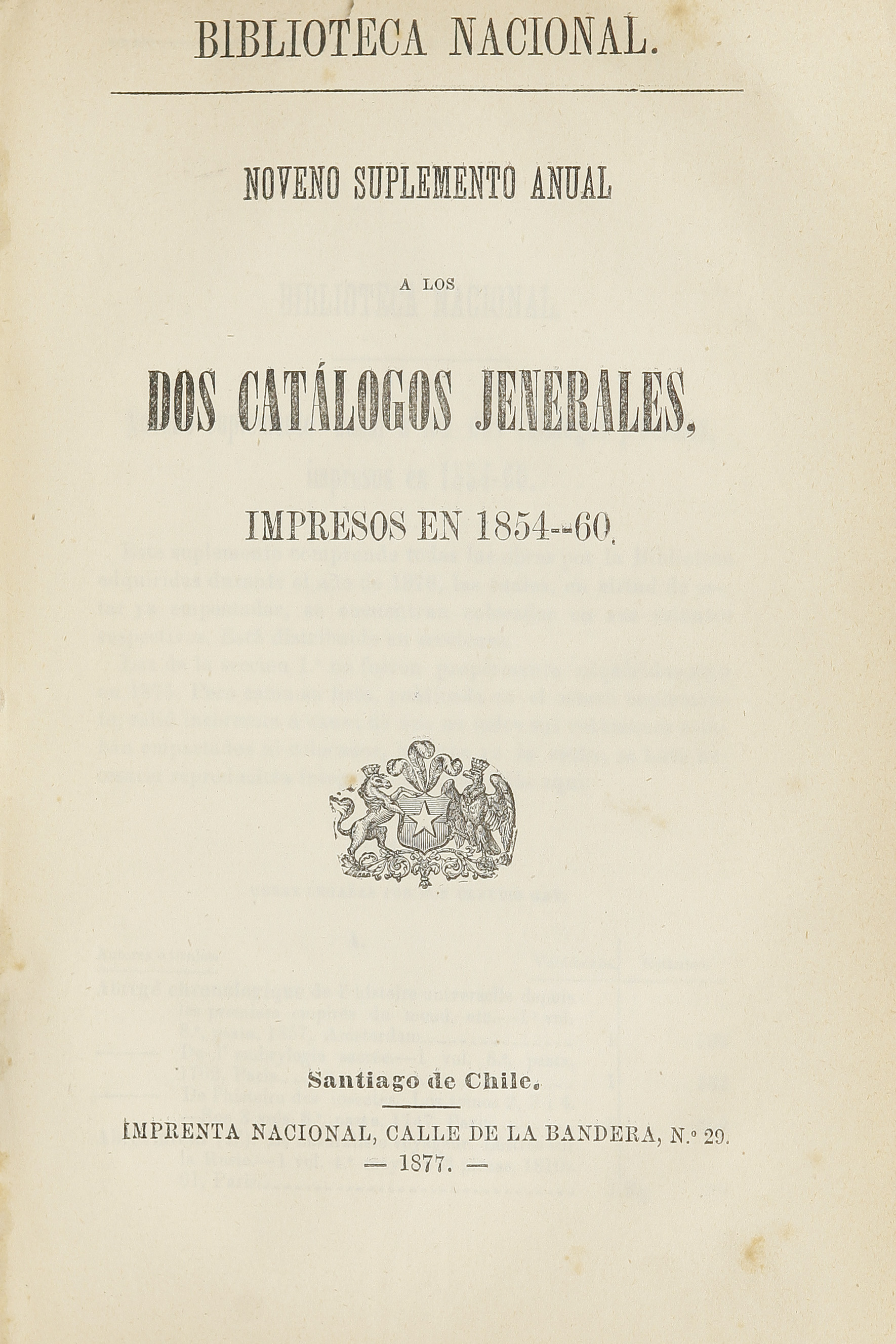 Noveno suplemento anual a los dos catálogos jenerales impresos en 1854-60