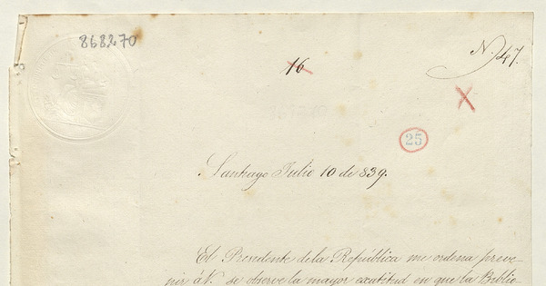 [Oficio] N° 47, 1839 Jul. 10, Santiago al Director de la Biblioteca Nacional [manuscrito] :Ref.: Solicita que se respete las horas que debe permanecer abierta la biblioteca