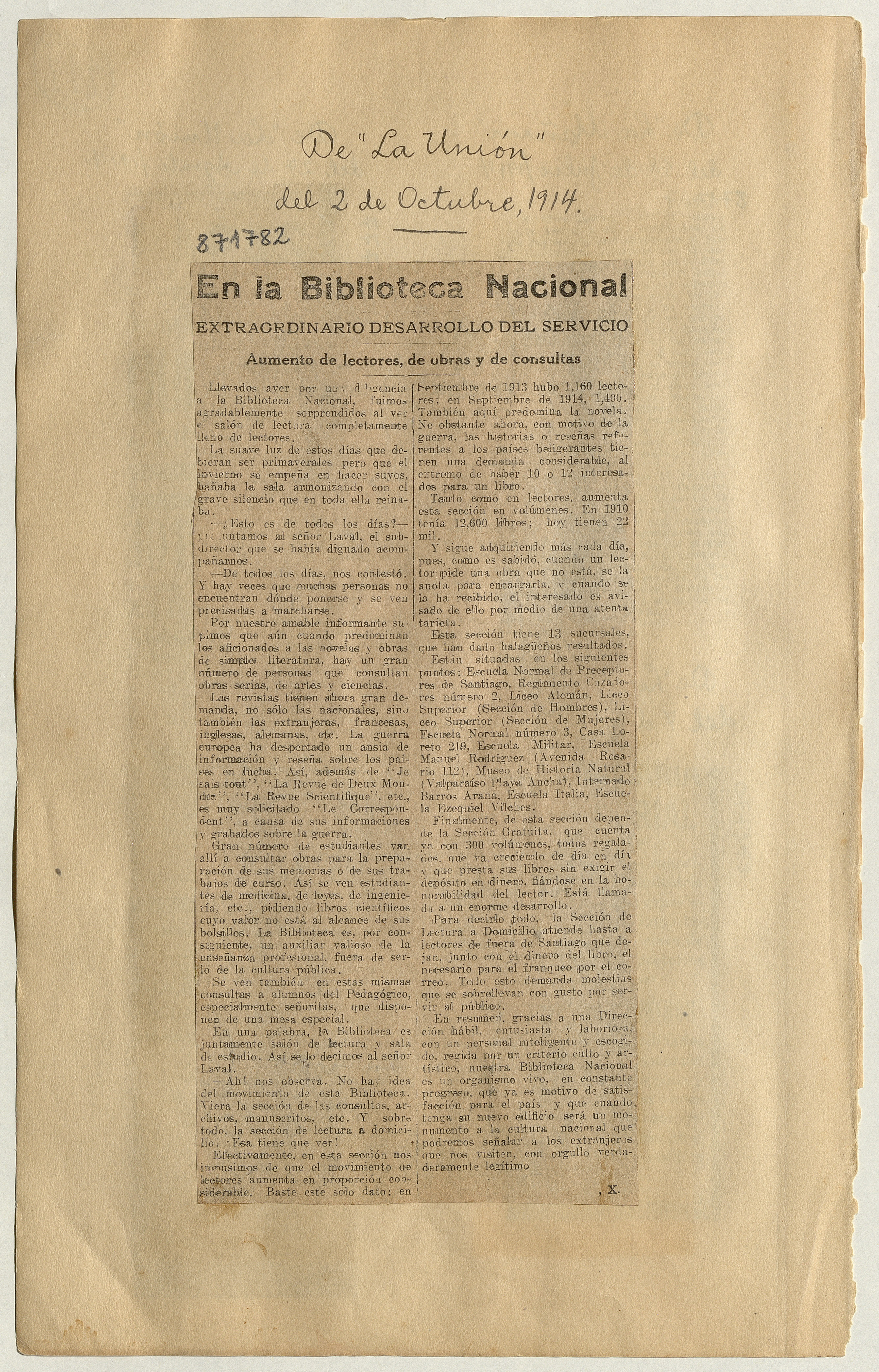 En la Biblioteca Nacional: [artículo] /Extraordinario desarrollo del servicio -- Aumento de lectores, de obras y de consultas