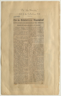 En la Biblioteca Nacional: [artículo] /Extraordinario desarrollo del servicio -- Aumento de lectores, de obras y de consultas
