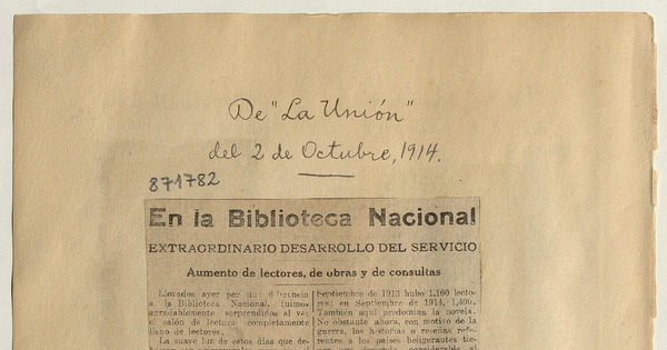 En la Biblioteca Nacional: [artículo] /Extraordinario desarrollo del servicio -- Aumento de lectores, de obras y de consultas