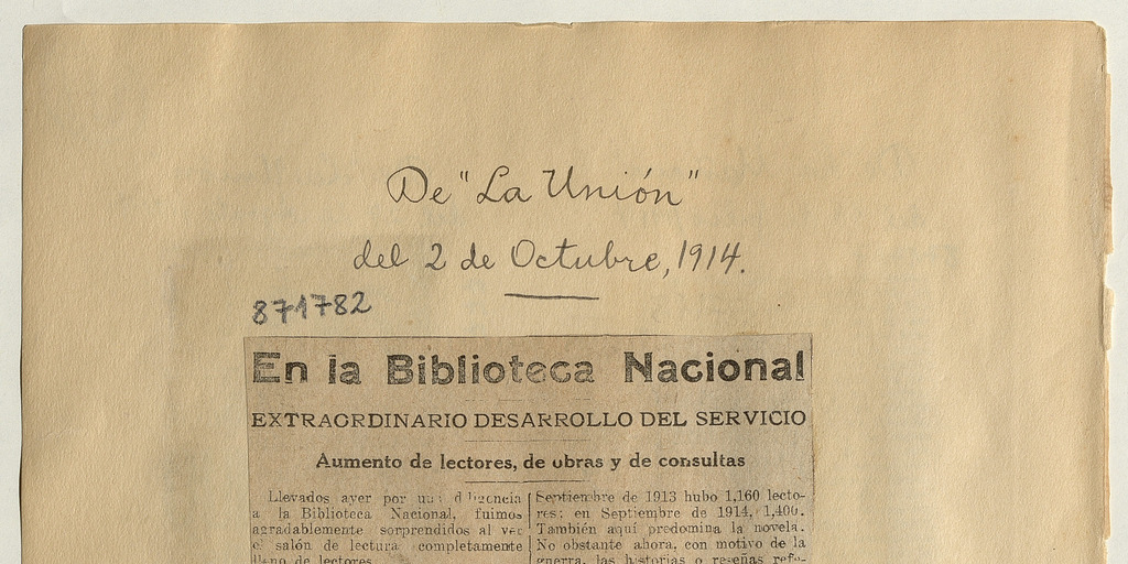 En la Biblioteca Nacional: [artículo] /Extraordinario desarrollo del servicio -- Aumento de lectores, de obras y de consultas