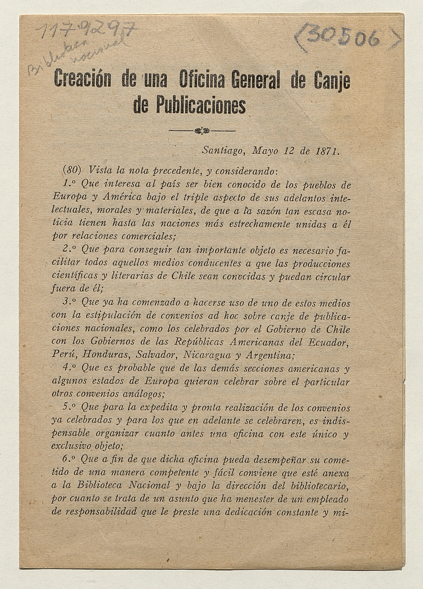 Creación de una Oficina General de Canje de Publicaciones
