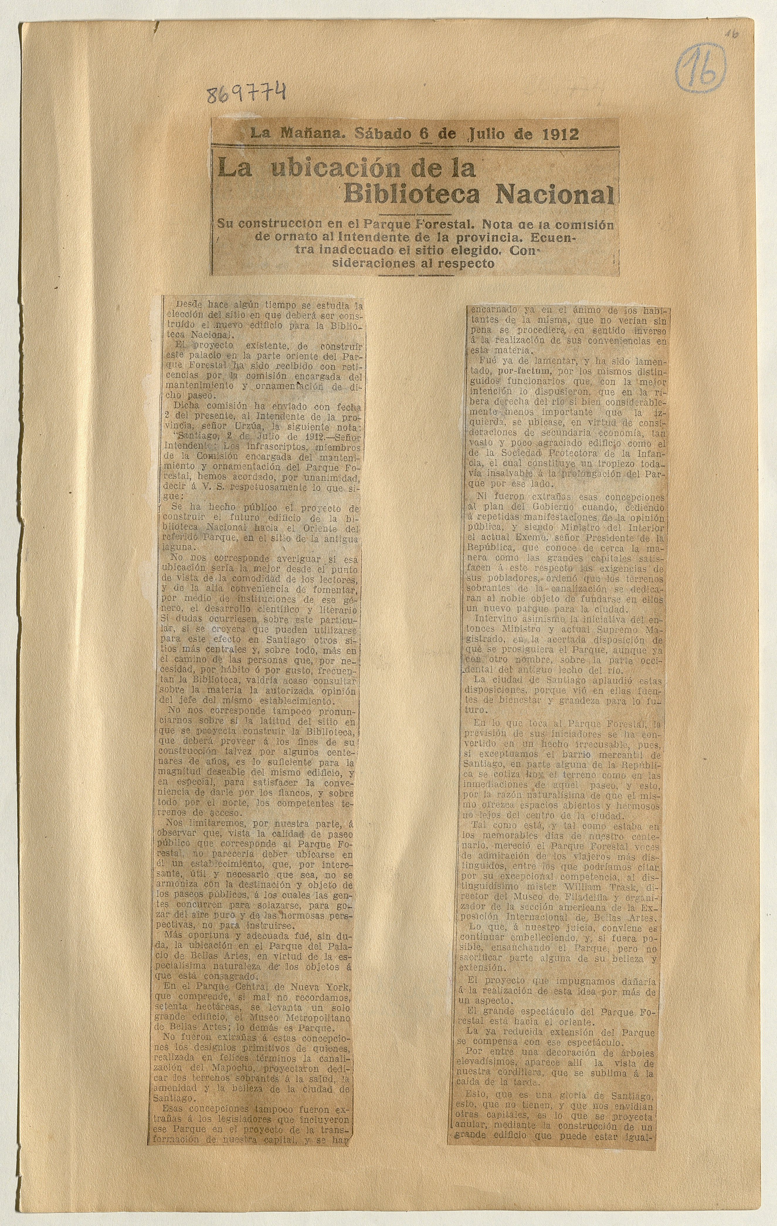 La ubicación de la Biblioteca Nacional: [artículo] /Su construcción en el Parque Forestal. Nota de la comisión de ornato al Intendente de la provincia…
