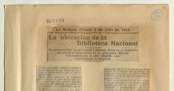 La ubicación de la Biblioteca Nacional: [artículo] /Su construcción en el Parque Forestal. Nota de la comisión de ornato al Intendente de la provincia…