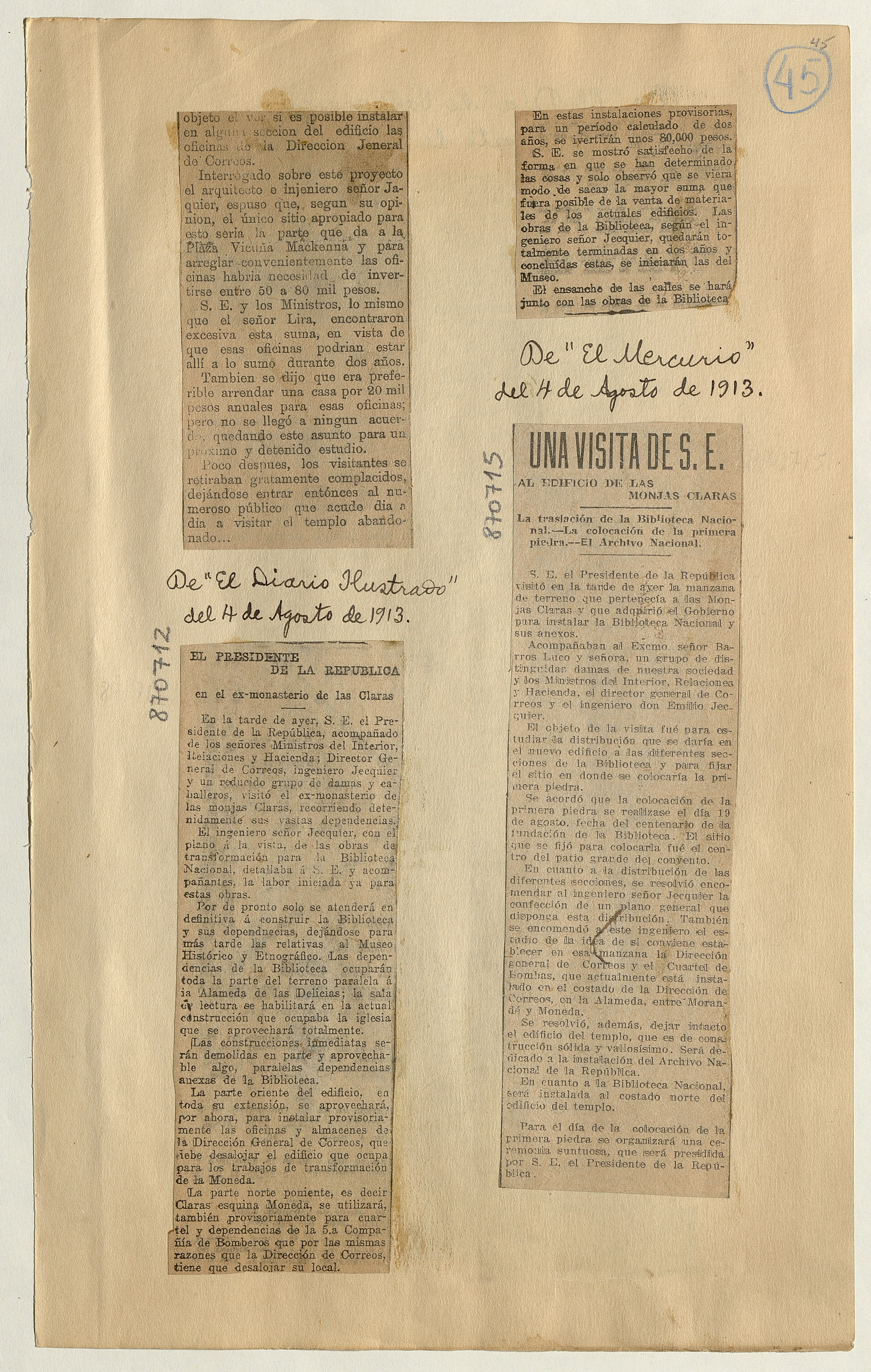 Una visita de S. E. al edificio de las Monjas Claras: [artículo] /La traslación de la Biblioteca Nacional -- La colocación de la primera piedra -- El Archivo Nacional