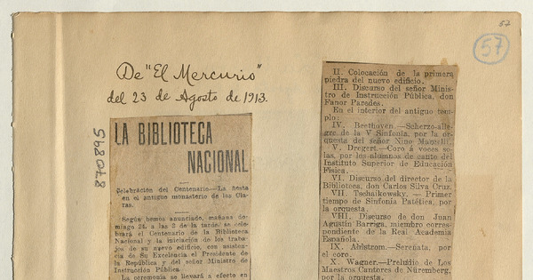 Biblioteca Nacional: [artículo] /El programa de las fiestas con que será celebrado mañana el centenario de ese establecimiento