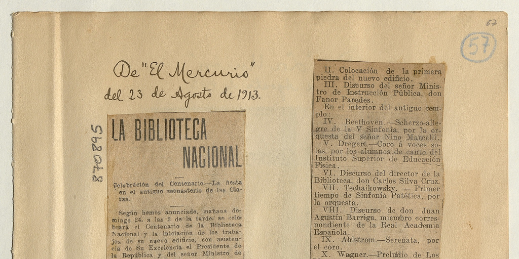 Biblioteca Nacional: [artículo] /El programa de las fiestas con que será celebrado mañana el centenario de ese establecimiento