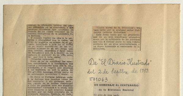 En homenaje al Centenario de la Biblioteca Nacional: [artículo] /El acto de esta tarde en la Universidad