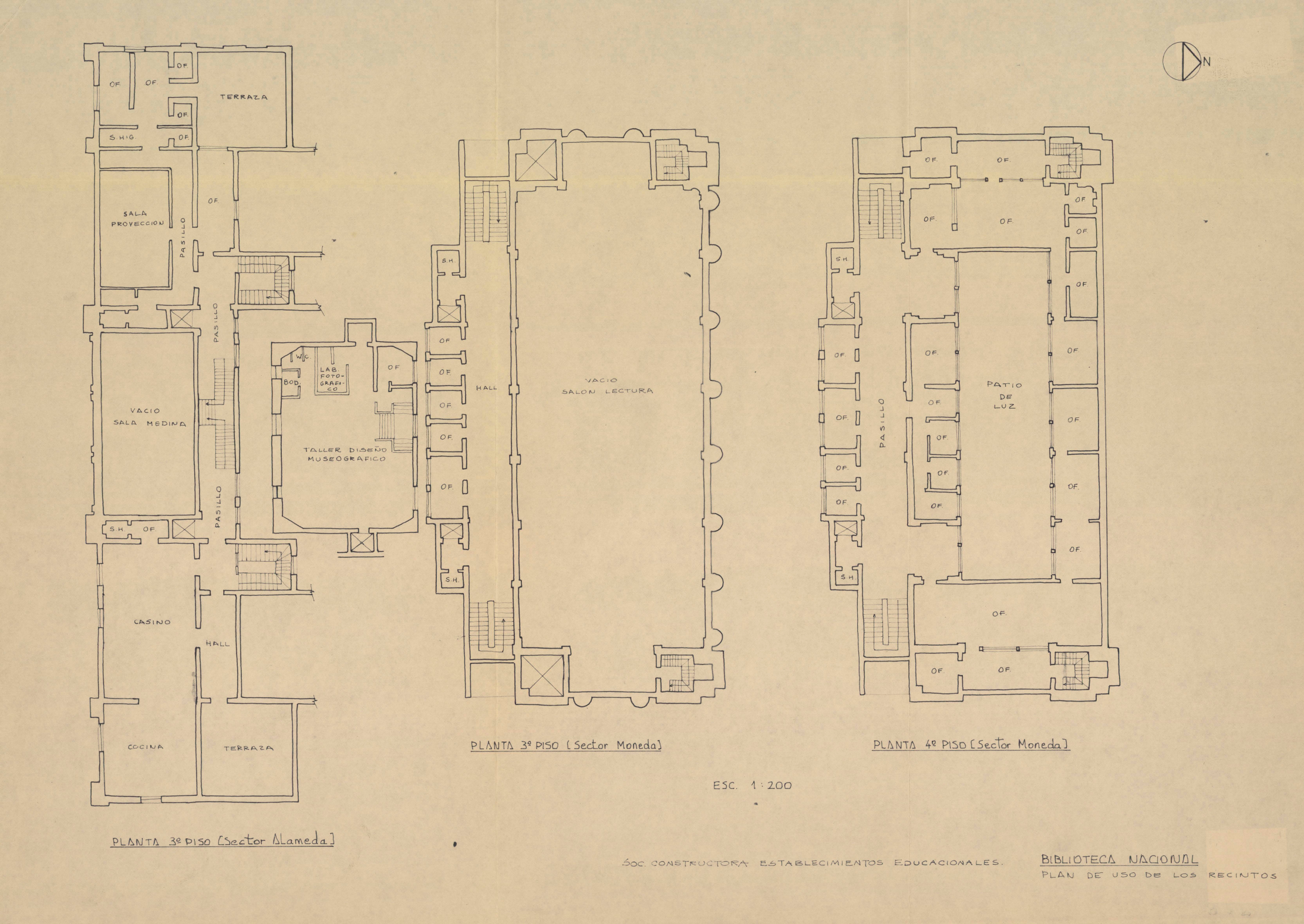 Biblioteca Nacional [material cartográfico]: plan de uso de los recintos. Planta 3° piso (sector Moneda); Planta 4° piso (sector Moneda)