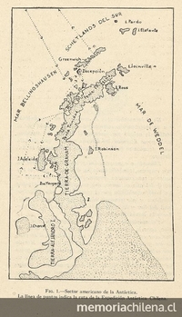 Pie de imagen: Ruta de la primera expedición antártica chilena (1947)Fuente: Mann Fischer, Guillermo. Biología de la Antártica Sudamericana: estudios realizados durante la Expedición Antártica Chilena. Santiago de Chile: Impr. Universitaria, 1948. 364 p.Mapa de la página 10, en que se indica, mediante una línea de puntos, la ruta de la Expedición Antártica Chilena.