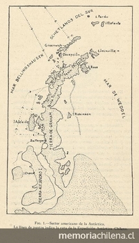 Pie de imagen: Ruta de la primera expedición antártica chilena (1947)Fuente: Mann Fischer, Guillermo. Biología de la Antártica Sudamericana: estudios realizados durante la Expedición Antártica Chilena. Santiago de Chile: Impr. Universitaria, 1948. 364 p.Mapa de la página 10, en que se indica, mediante una línea de puntos, la ruta de la Expedición Antártica Chilena.