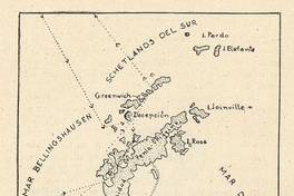 Pie de imagen: Ruta de la primera expedición antártica chilena (1947)Fuente: Mann Fischer, Guillermo. Biología de la Antártica Sudamericana: estudios realizados durante la Expedición Antártica Chilena. Santiago de Chile: Impr. Universitaria, 1948. 364 p.Mapa de la página 10, en que se indica, mediante una línea de puntos, la ruta de la Expedición Antártica Chilena.