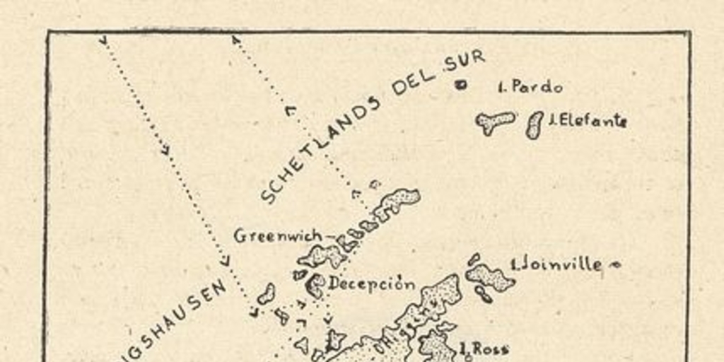 Pie de imagen: Ruta de la primera expedición antártica chilena (1947)Fuente: Mann Fischer, Guillermo. Biología de la Antártica Sudamericana: estudios realizados durante la Expedición Antártica Chilena. Santiago de Chile: Impr. Universitaria, 1948. 364 p.Mapa de la página 10, en que se indica, mediante una línea de puntos, la ruta de la Expedición Antártica Chilena.