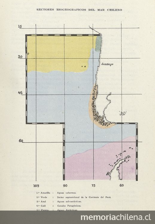 Pie de imagen: Sectores biogeográficos del mar chilenoFuente: Investigaciones zoológicas chilenas. Santiago: Edit. del Pacífico, Vol. 7 (1961: jul.) 169 p. Mapa "Sectores biogeográficos del mar chileno", ubicado entre las páginas 76 y 77 del fascículo 5, del 1 de julio de 1954.