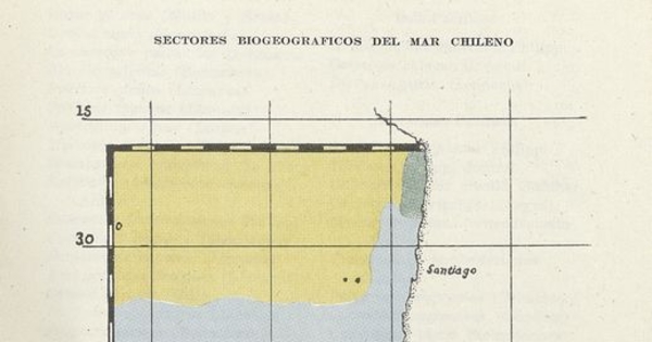 Pie de imagen: Sectores biogeográficos del mar chilenoFuente: Investigaciones zoológicas chilenas. Santiago: Edit. del Pacífico, Vol. 7 (1961: jul.) 169 p. Mapa "Sectores biogeográficos del mar chileno", ubicado entre las páginas 76 y 77 del fascículo 5, del 1 de julio de 1954.