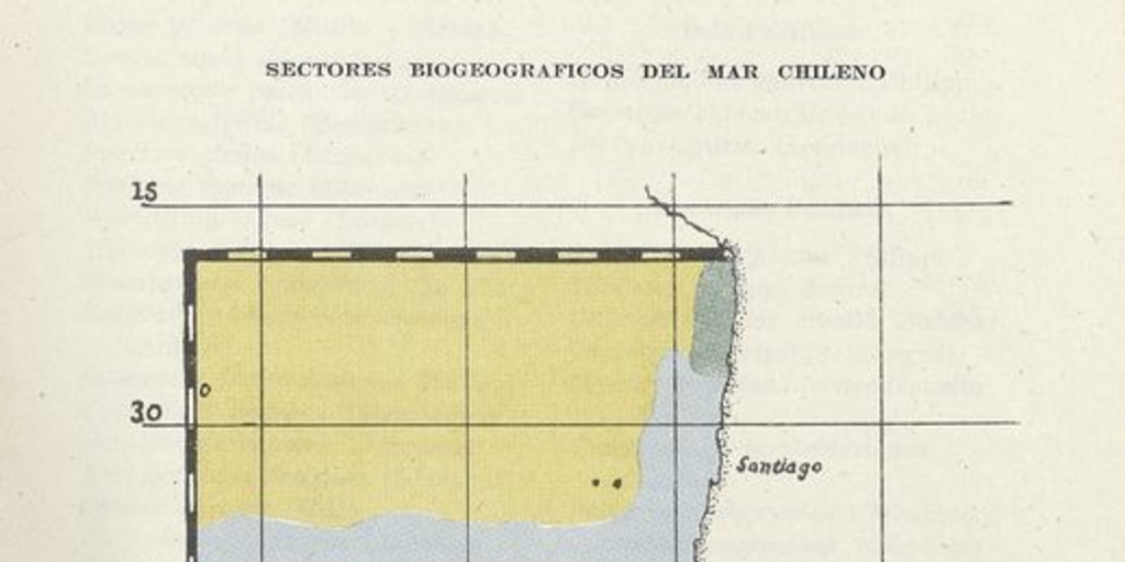 Pie de imagen: Sectores biogeográficos del mar chilenoFuente: Investigaciones zoológicas chilenas. Santiago: Edit. del Pacífico, Vol. 7 (1961: jul.) 169 p. Mapa "Sectores biogeográficos del mar chileno", ubicado entre las páginas 76 y 77 del fascículo 5, del 1 de julio de 1954.