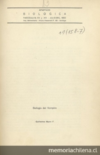 Biología del vampiro. Santiago: Impr. Universitaria, 1951. 24 p.