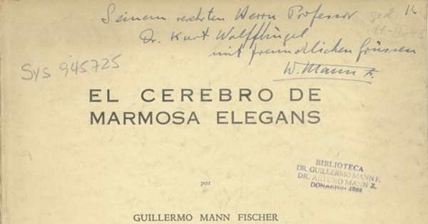 El Cerebro de Marmosa elegans. Santiago de Chile: Imp. "El Esfuerzo", 1944. 38 p.