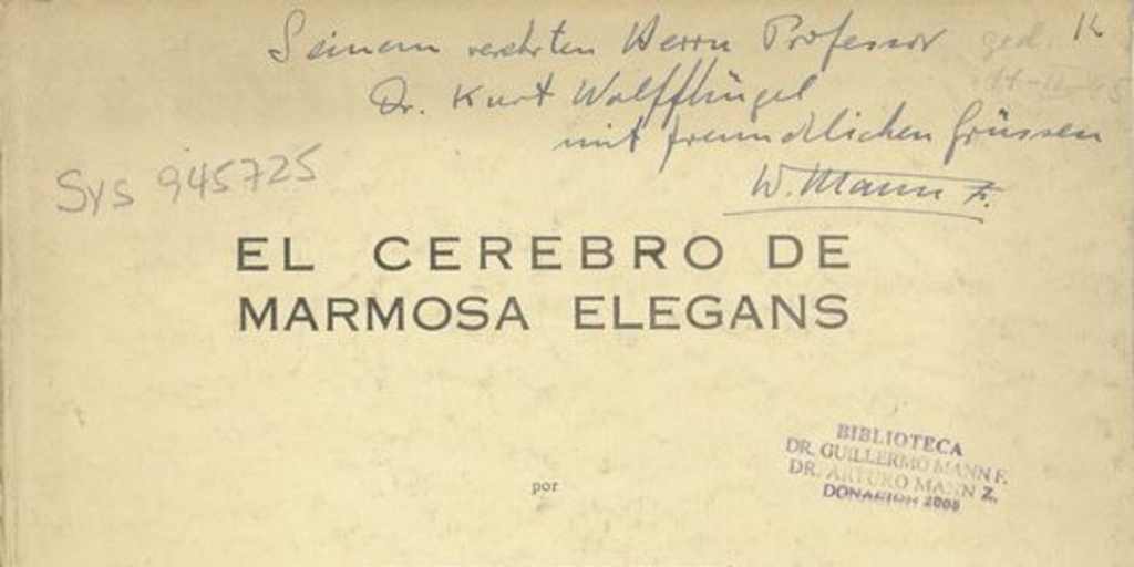 El Cerebro de Marmosa elegans. Santiago de Chile: Imp. "El Esfuerzo", 1944. 38 p.