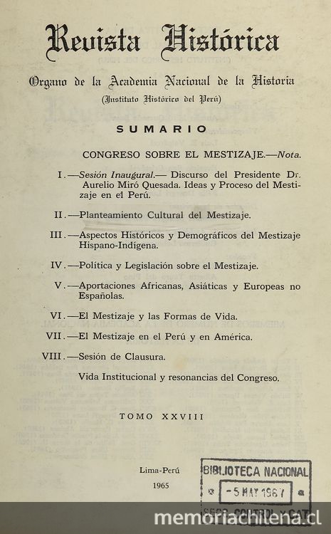 Congreso sobre el mestizaje. Lima: Academia Nacional de La Historia, 1965.