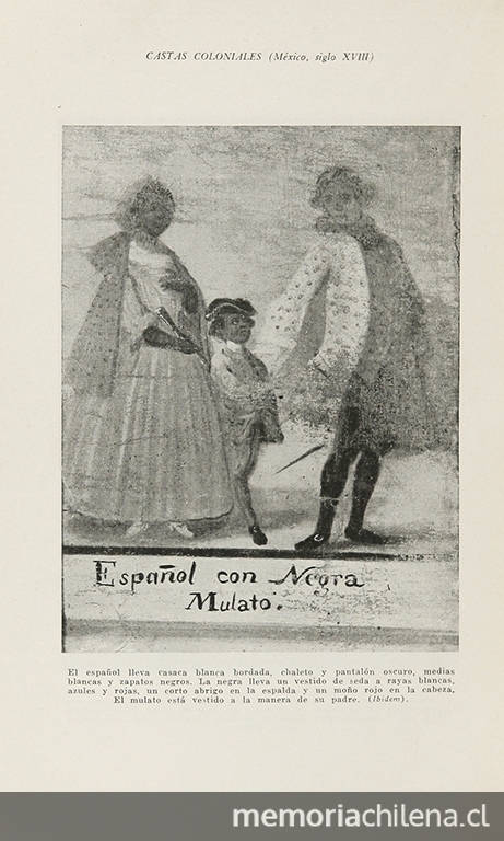 Pie de foto: Pintura de Castas. Español con negra y mulatoRosenblat, Ángel. La población indígena y el mestizaje en América. Buenos Aires: Editorial Nova, 1954.