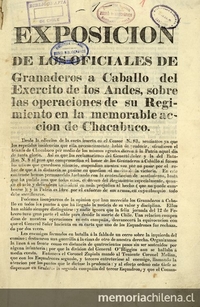 Exposición de los oficiales de Granaderos a Caballo del Exercito de los Andes, sobre las operaciones de su Regimiento en la memorable acción de Chacabuco. Quartel General en Santiago de Chile 30 de Julio de 1817. Santiago: s.n., 1817