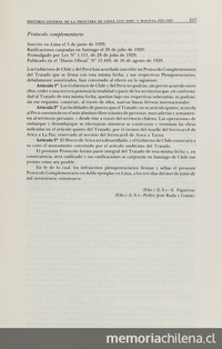 Protocolo complementario 1929, En Téllez Lugaro, Eduardo. Historia general de la frontera de Chile con Perú y Bolivia: 1825-1929. Santiago, Univ. de Santiago, Instituto de Investigaciones del Patrimonio Territorial de Chile, 1989, p. p.217