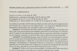 Protocolo complementario 1929, En Téllez Lugaro, Eduardo. Historia general de la frontera de Chile con Perú y Bolivia: 1825-1929. Santiago, Univ. de Santiago, Instituto de Investigaciones del Patrimonio Territorial de Chile, 1989, p. p.217