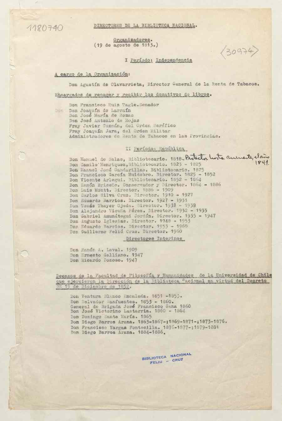 Directores de la Biblioteca Nacional / Producido y timbrado por Guillermo Feliú Cruz