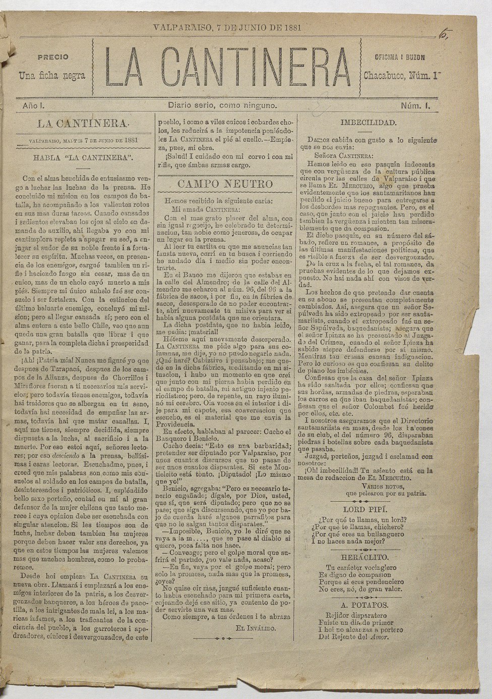 La Cantinera. Año 1, número 1, 7 de junio de 1881