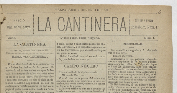 La Cantinera. Año 1, número 1, 7 de junio de 1881