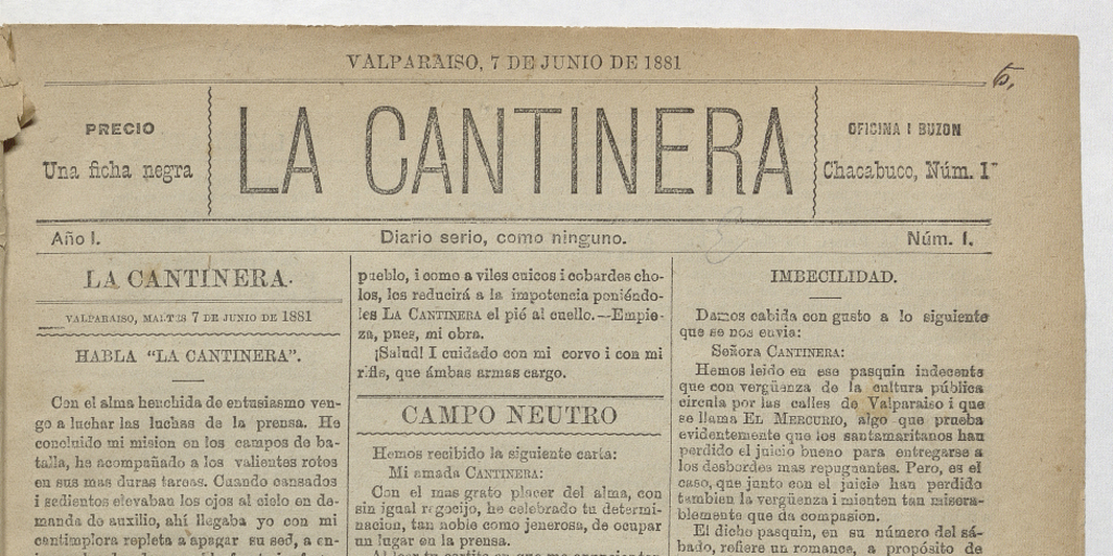 La Cantinera. Año 1, número 1, 7 de junio de 1881