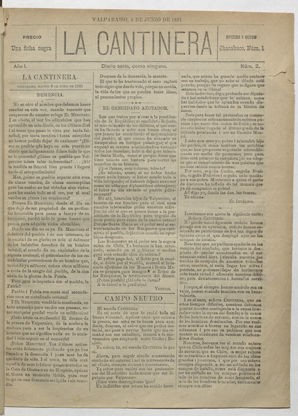 La Cantinera. Año 1, número 2, 8 de junio de 1881