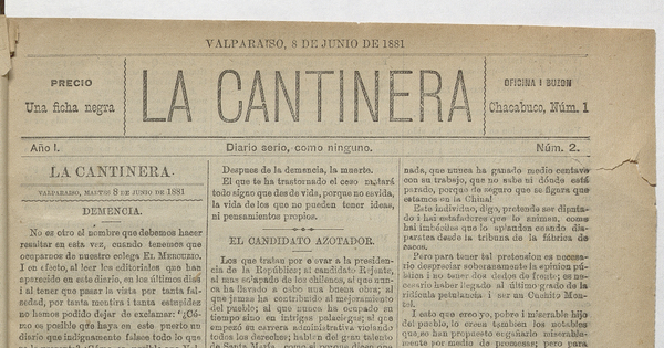 La Cantinera. Año 1, número 2, 8 de junio de 1881