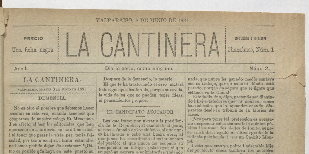 La Cantinera. Año 1, número 2, 8 de junio de 1881
