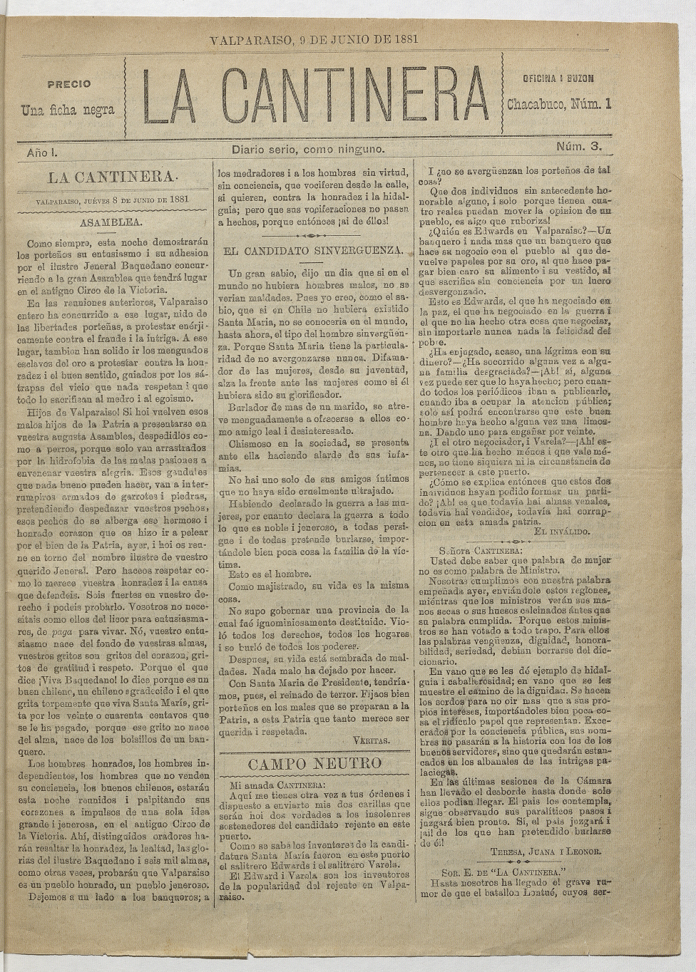 La Cantinera. Año 1, número 3, 9 de junio de 1881