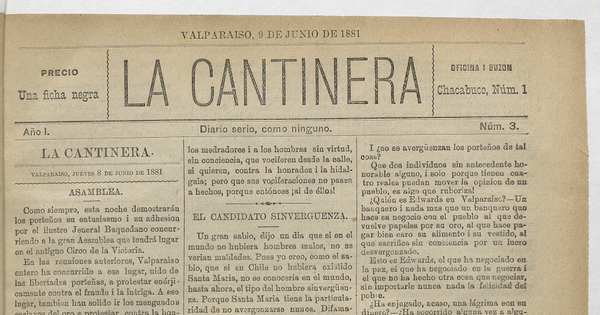 La Cantinera. Año 1, número 3, 9 de junio de 1881