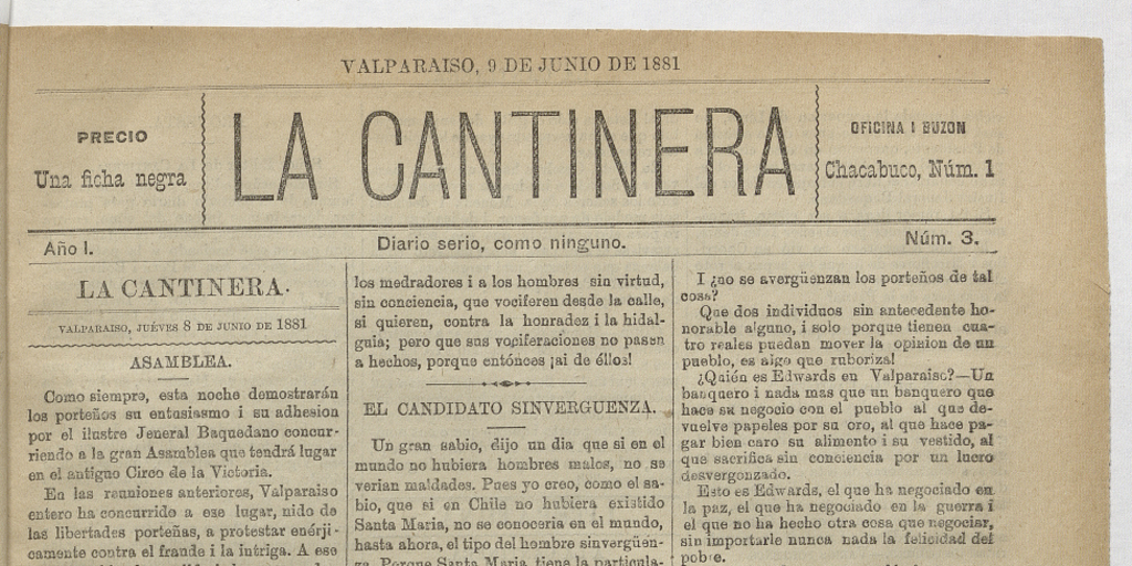La Cantinera. Año 1, número 3, 9 de junio de 1881