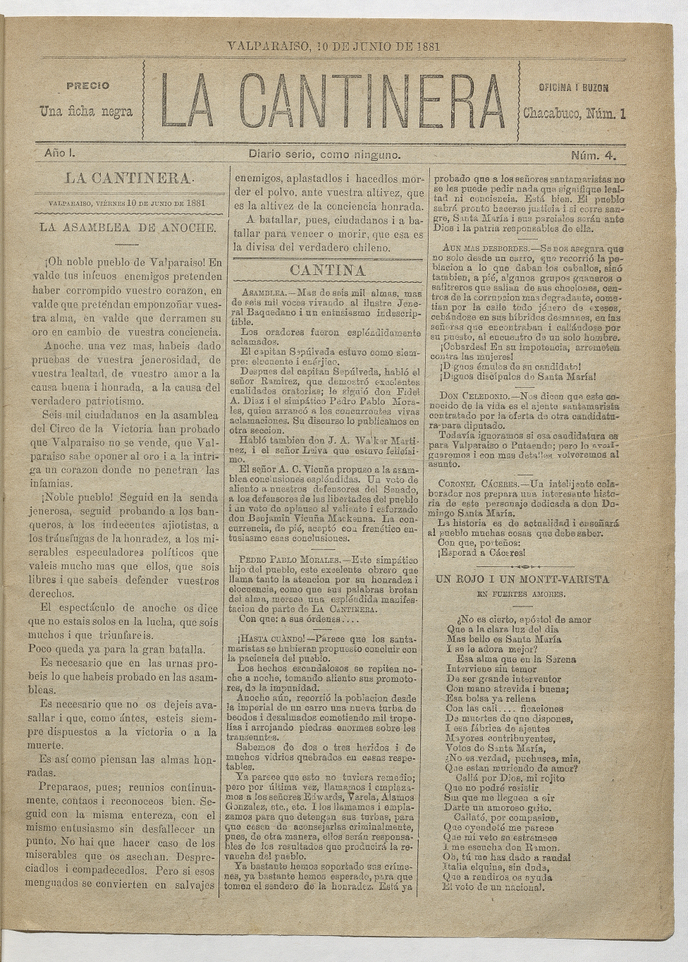 La Cantinera. Año 1, número 4, 10 de junio de 1881