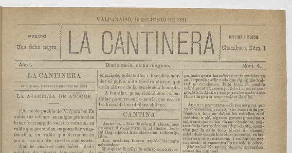 La Cantinera. Año 1, número 4, 10 de junio de 1881
