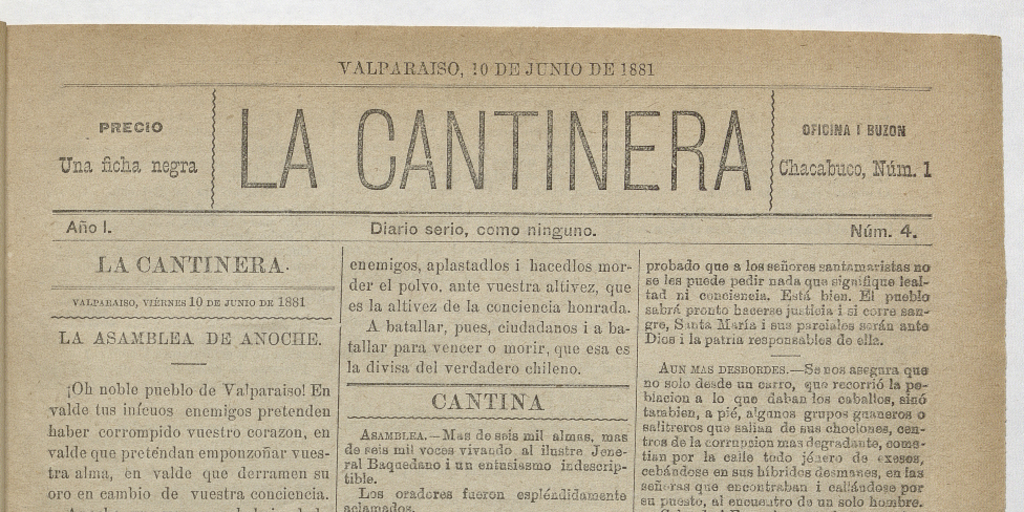La Cantinera. Año 1, número 4, 10 de junio de 1881