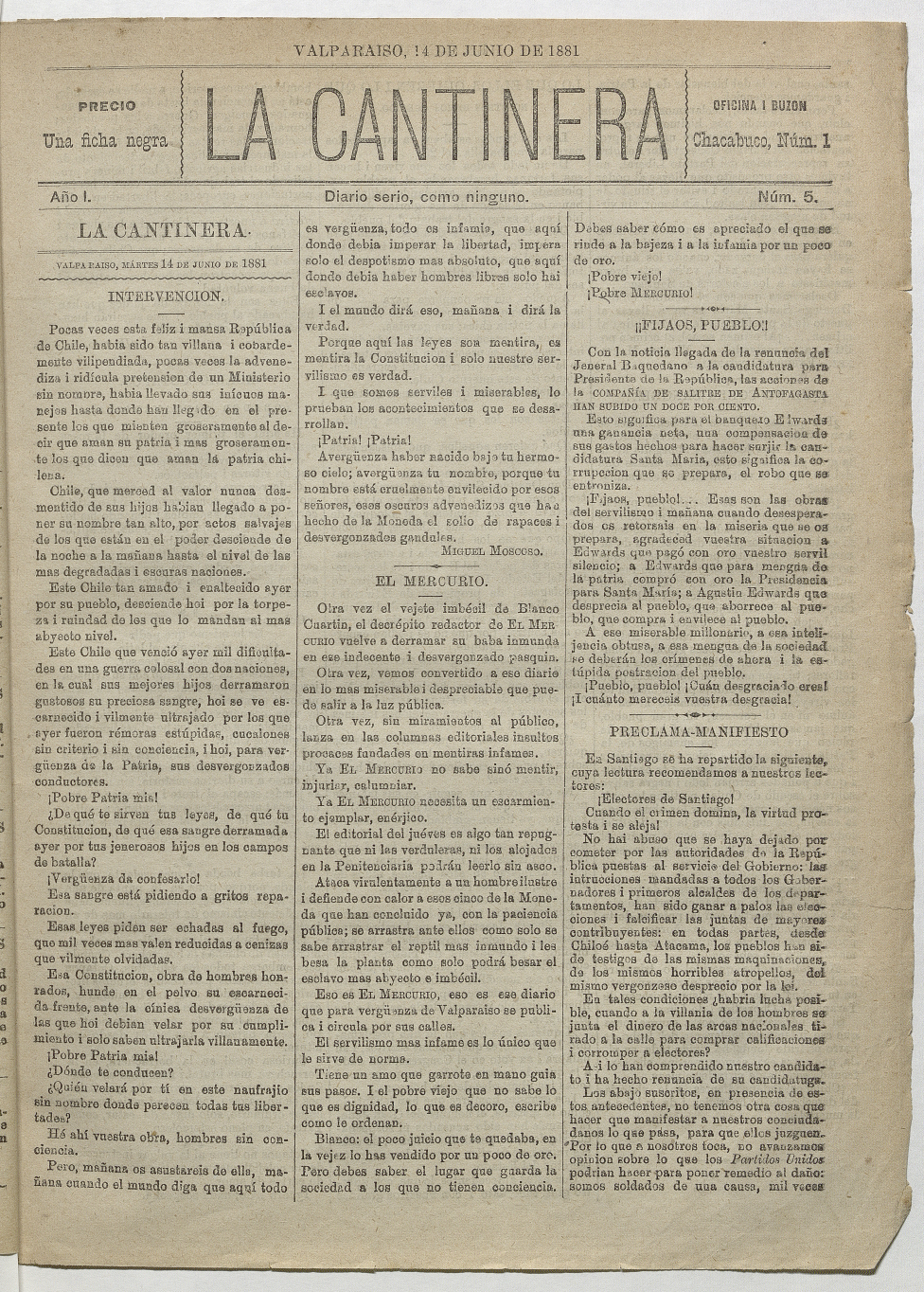 La Cantinera. Año 1, número 5, 14 de junio de 1881